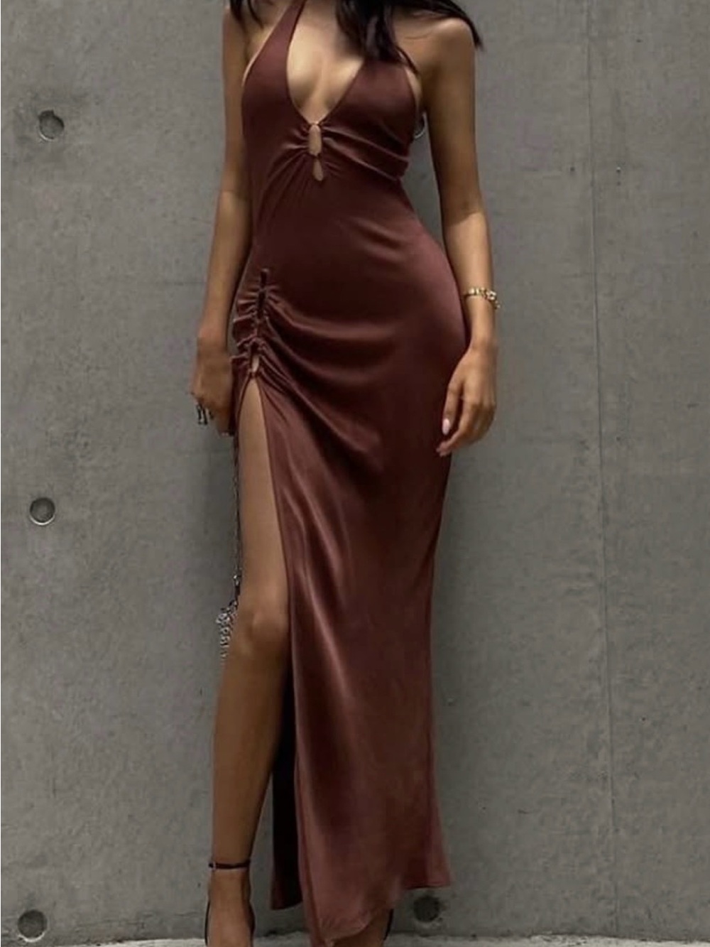 Meshki Chocolate Brown Satin Halter Maxi Dress with Side Slit